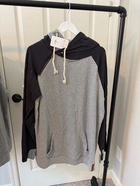 Two-Tone Gray and Black Double Hoodie Pullover with Drawstring